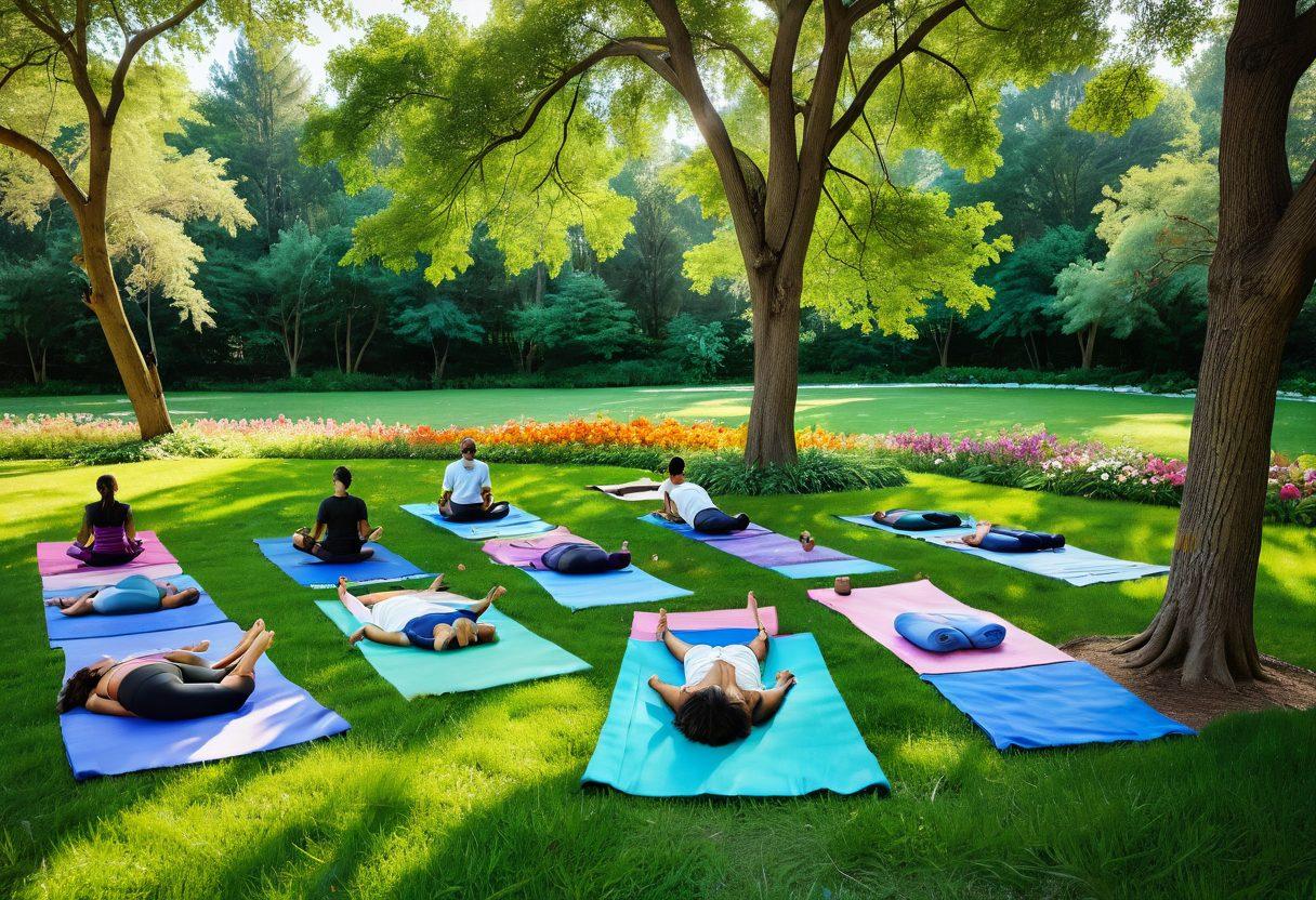 A serene gathering of diverse individuals in a lush green park, engaging in supportive discussions, symbolizing a harmonious blend of risk management and holistic healing. Include elements like yoga mats, healing crystals, and charts showing risk analysis amidst nature. Emphasize warmth, connection, and nature's calming presence. soft focus. vibrant colors. 3D illustration.
