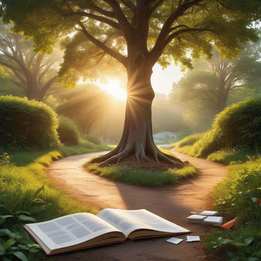 A serene landscape featuring a flourishing tree growing at the intersection of two winding paths, symbolizing the balance between insurance and personal growth. On one path, insurance icons (like shields and documents) are artfully integrated into the foliage, while the other showcases vibrant personal growth elements (like books and a sunrise). Soft sunlight filters through the leaves, creating a warm and inviting atmosphere. The scene evokes tranquility and harmony. super-realistic. vibrant colors. 3D.